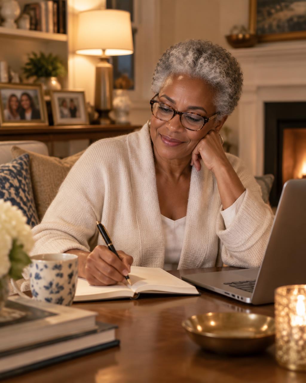 A woman with reading glasses writing notes in the evening at home