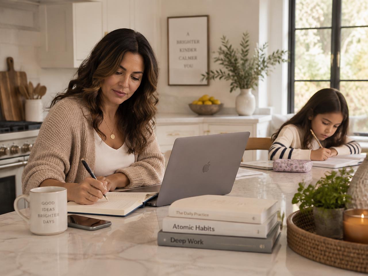 A woman studying at her kitchen island while her daughter does homework nearby